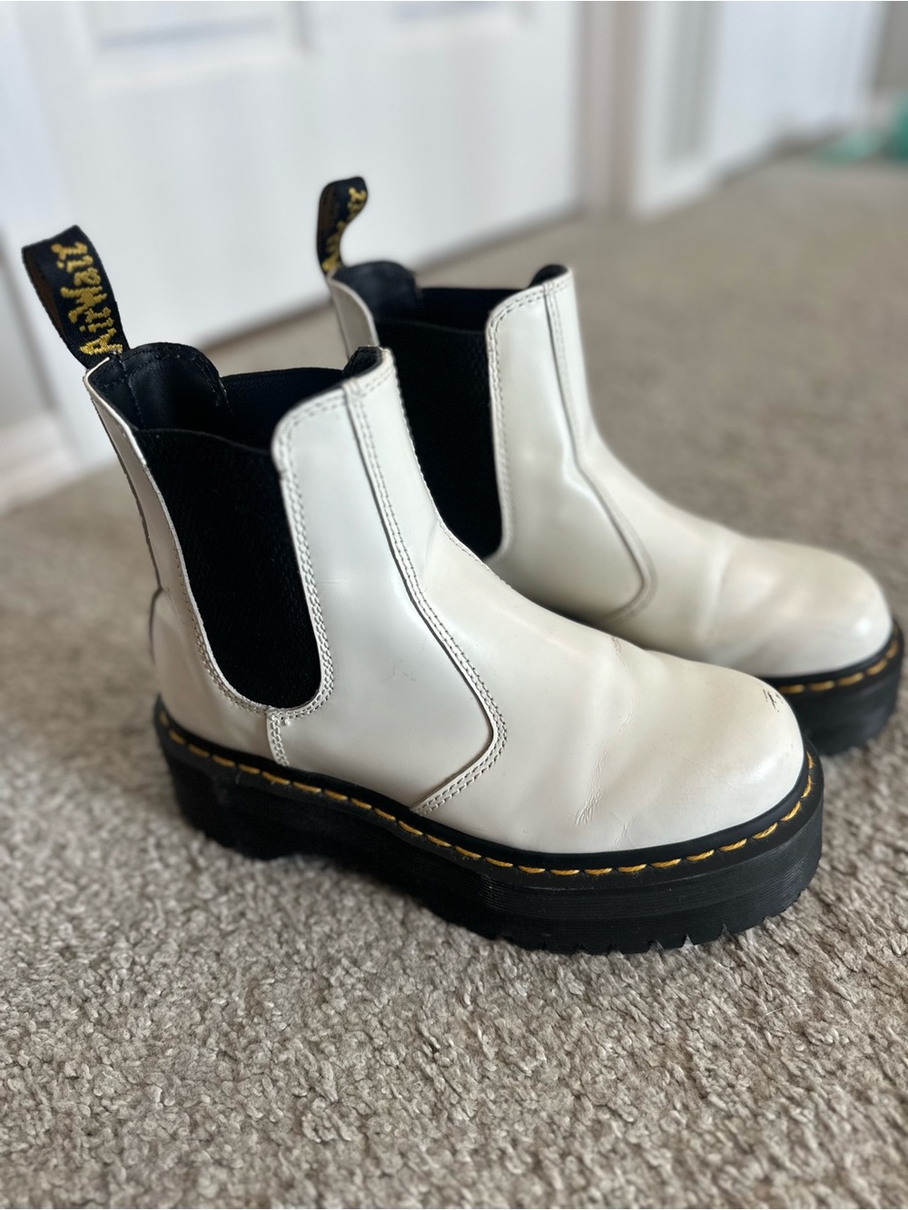 Dr. Martens White Leather 2976 Platform Chelsea Boots with Yellow Stitching